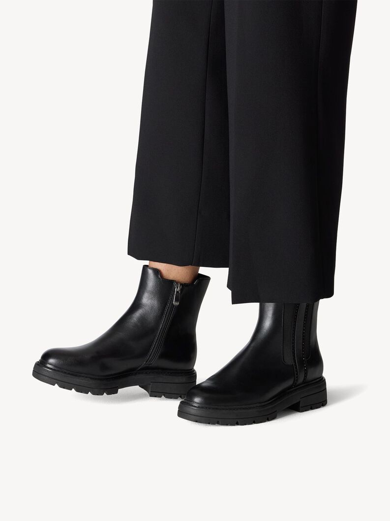 Schwarze Leder-Stiefeletten mit seitlichem Rei&szlig;verschluss und elastischem Einsatz