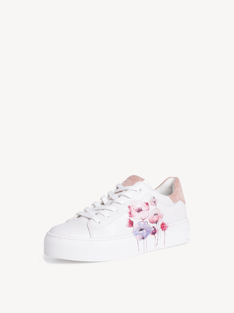 White leather sneakers with floral print and pink suede details side view