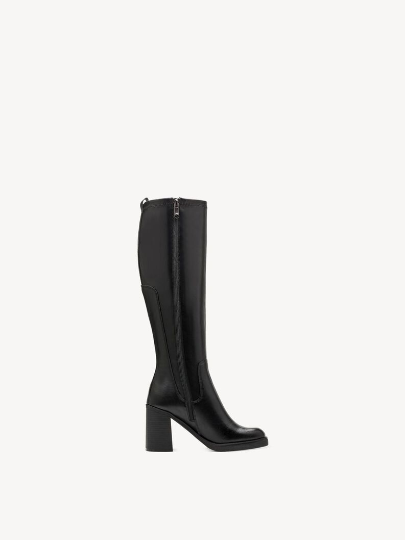 Black high leather boots with side zipper and block heel