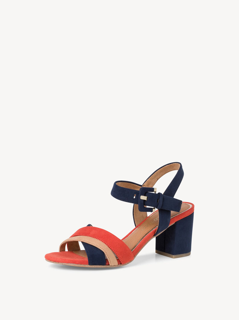 Damen Sandalen mit Riemen und mittelhohem Absatz in Blau-Rot-Kombination