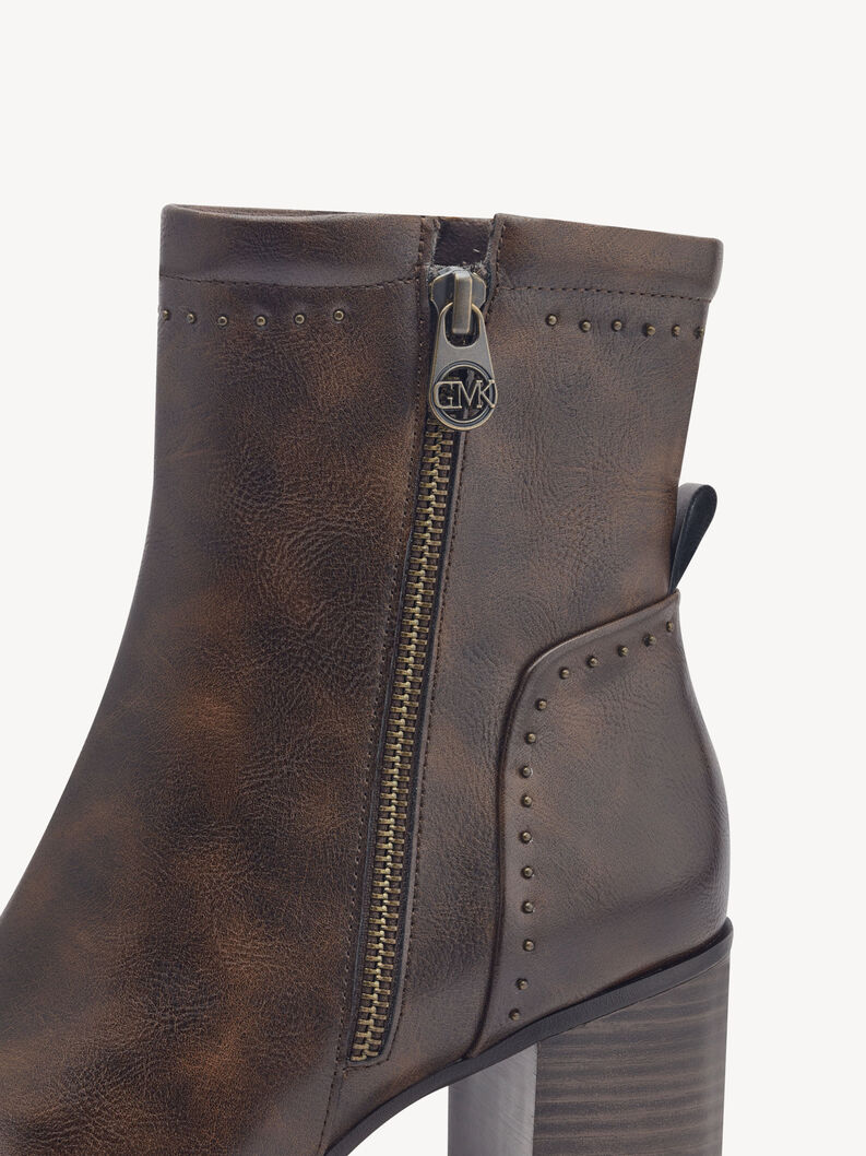 Braune Lederstiefeletten mit robustem Rei&szlig;verschluss und Absatzdetails