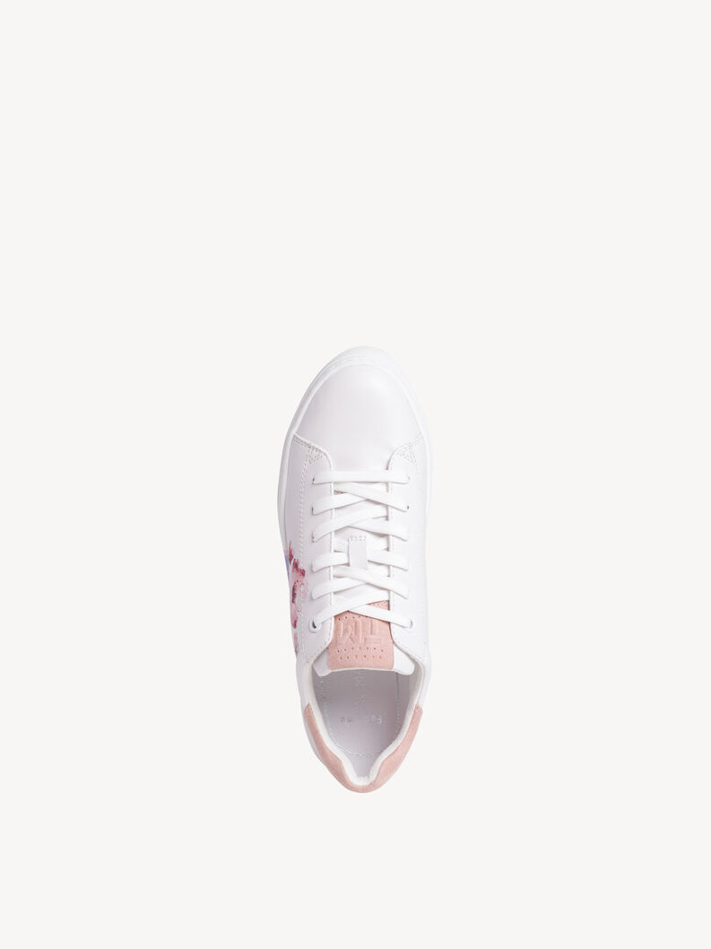 Front view of white leather sneakers with floral print and pink suede details
