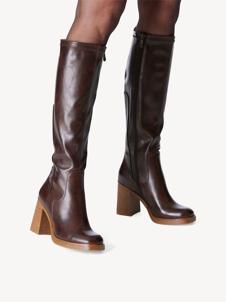 Damen braune Leder kniehohe Stiefel mit Blockabsatz und Reißverschluss