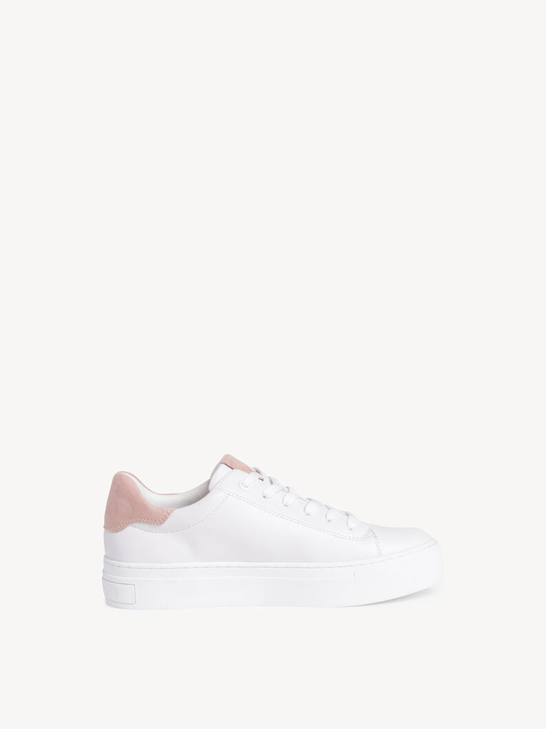 White leather sneakers with pink suede heel and clean minimalist design