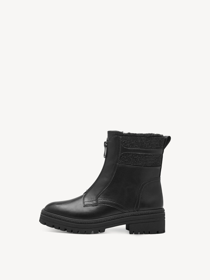 Schwarzer Leder-Winterstiefel mit Ziersteinen und Rei&szlig;verschluss