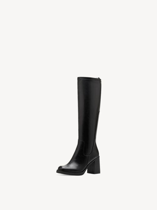Schwarze hohe Damenlederstiefel mit glatter Oberfläche und stabilem Absatz