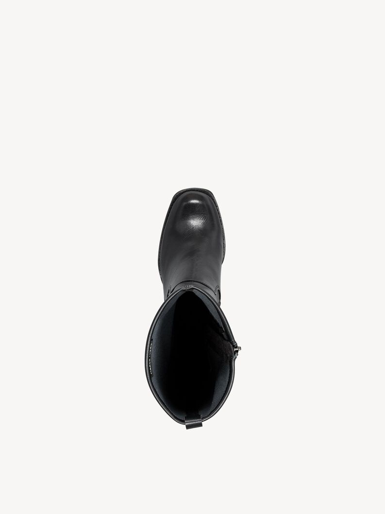 Top view of black leather women's boots with smooth finish