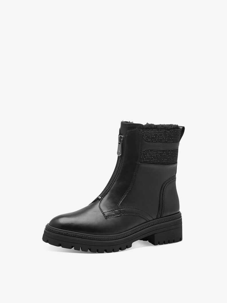 Moderner schwarzer Leder-Winterstiefel mit Ziersteinen