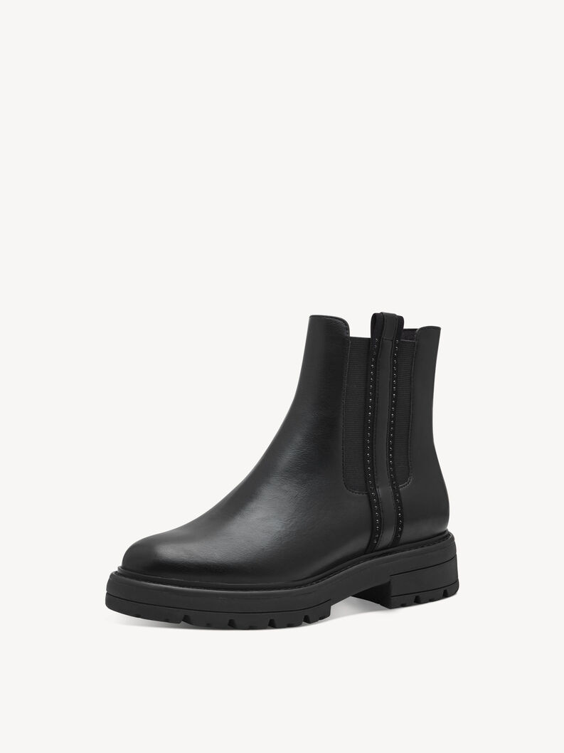Schr&auml;gsicht schwarze Leder-Stiefelette mit elastischem Einsatz